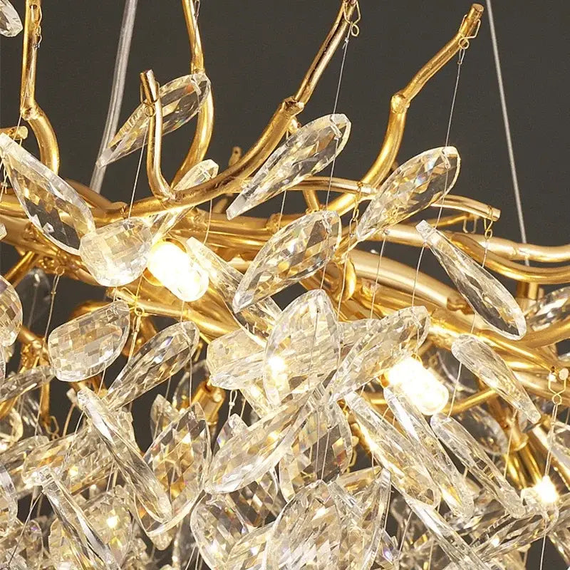 Gold branch lustre decorbites crystal chandelier adorned with clear faceted crystal teardrop pendants for dining room