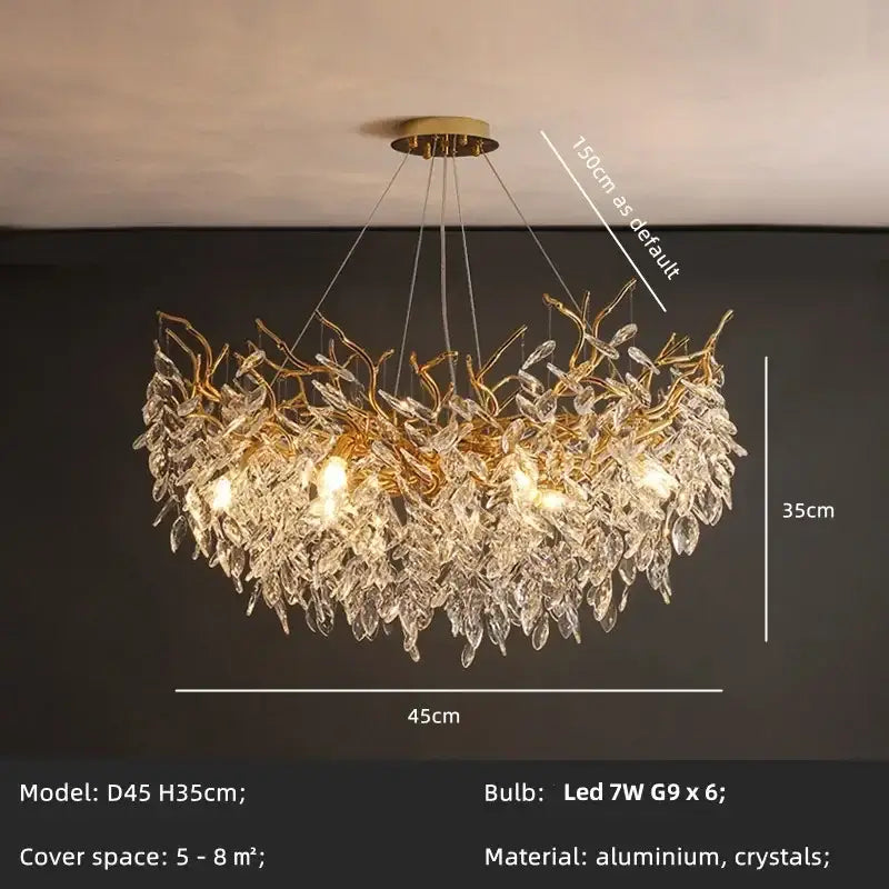 Gold-toned decorbites crystal chandelier with intricate aluminum and crystal leaf branch design for dining room lighting
