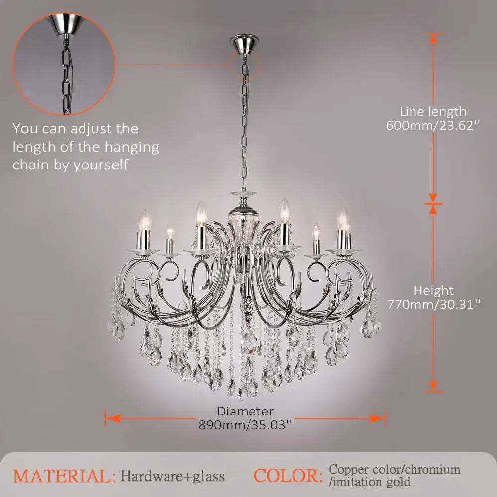 DecorBites crystal chandelier featuring copper and chromium finish with crystal droplets and candle-style LED lights
