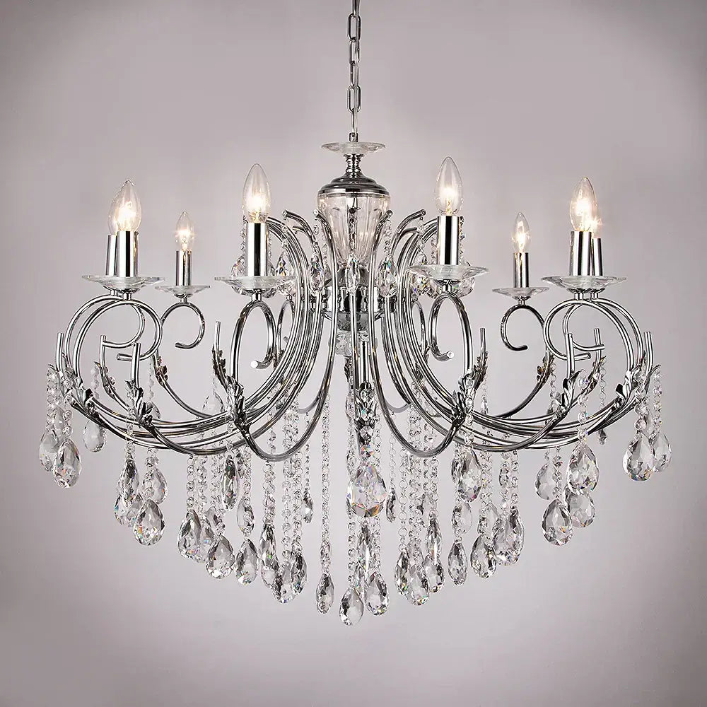 Elegant decorbites crystal chandelier with gold chrome finish, crystal droplets, and candle-style LED bulbs for luxury lighting