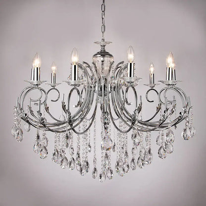 Elegant decorbites crystal chandelier with gold chrome finish, crystal droplets, and candle-style LED bulbs for luxury lighting