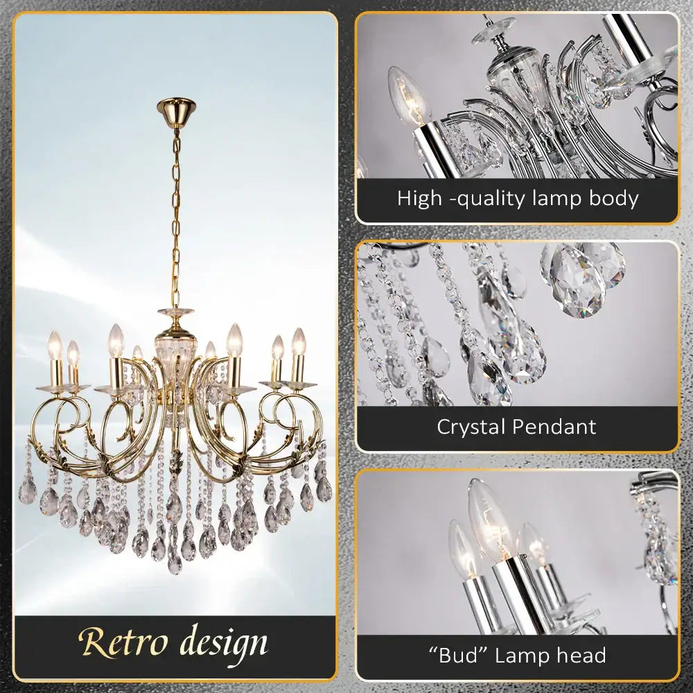 Gold-toned decorbites crystal chandelier with intricate retro design, crystal pendants, and bud lamp head for luxury lighting