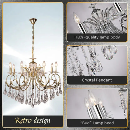 Gold-toned decorbites crystal chandelier with intricate retro design, crystal pendants, and bud lamp head for luxury lighting