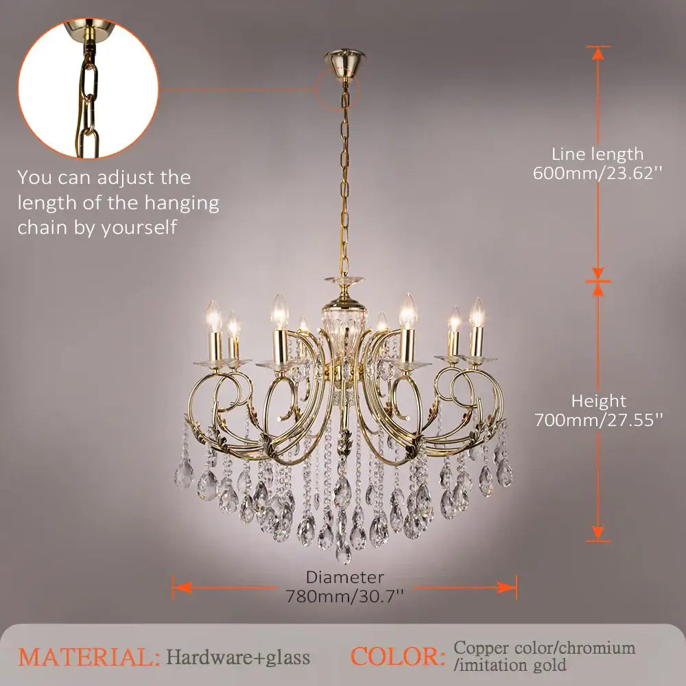 Elegant copper-colored DecorBites crystal chandelier with crystal droplets and six candle-style LED lights