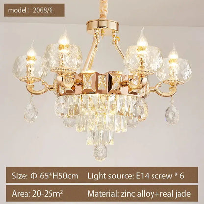 Gold-toned DecorBites crystal chandelier with crystal glass shades and dangling teardrop crystals for elegant spaces