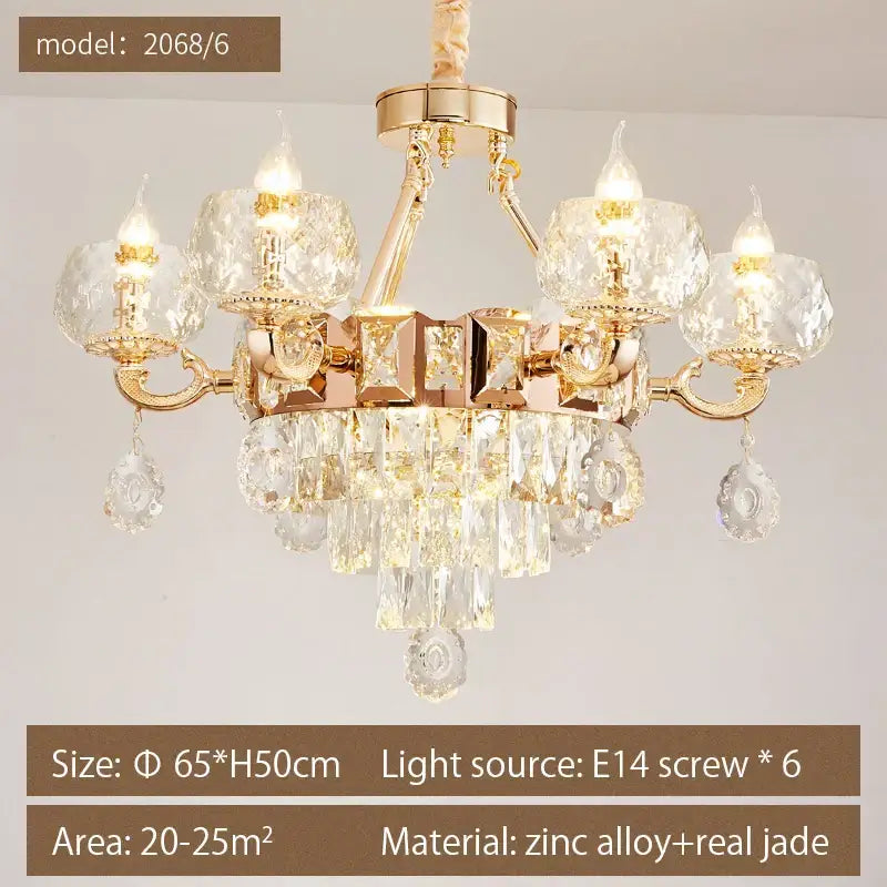 Gold-toned DecorBites crystal chandelier with crystal glass shades and dangling teardrop crystals for elegant spaces