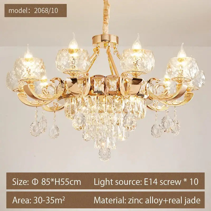 Gold-toned decorbites crystal chandelier with ornate arms and jade-like stones for grand european villa settings