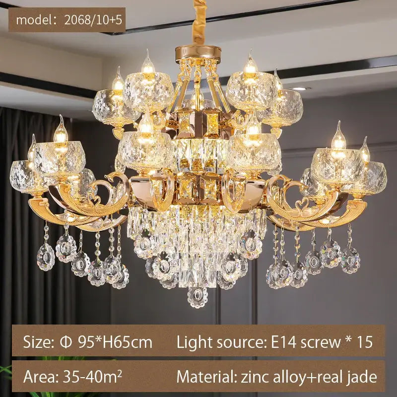 Gold-toned decorbites crystal chandelier with intricate crystal glass shades and jade accents for grand european villa use