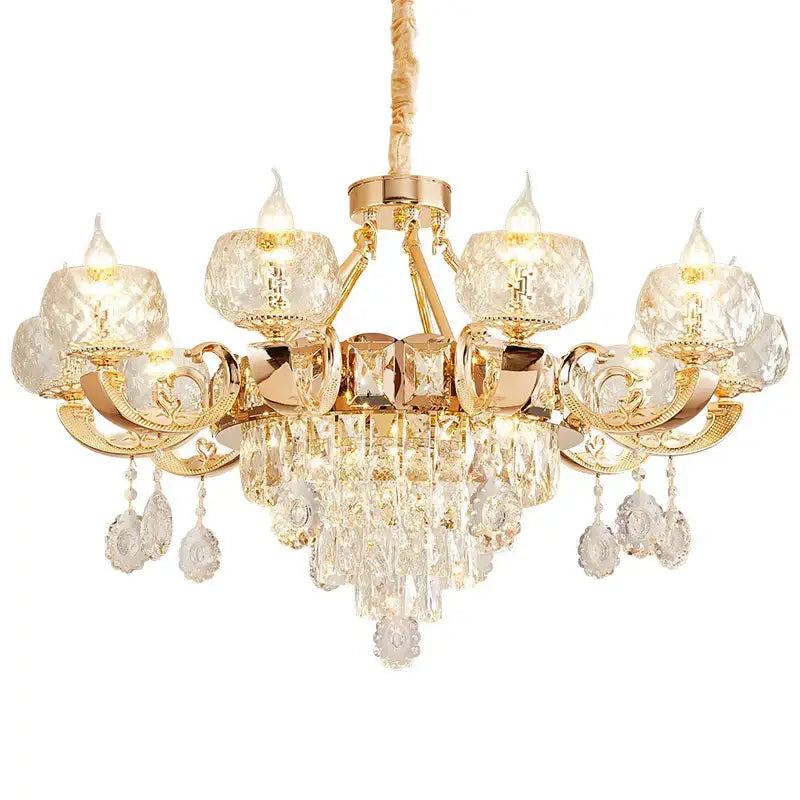 Gold-toned decorbites crystal chandelier with intricate crystal droplets and candle-style lights for grand european interiors