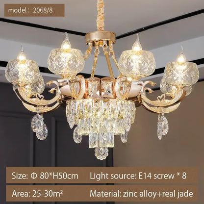 Gold-toned decorbites crystal chandelier with jade accents and teardrop pendants for elegant living room or restaurant use