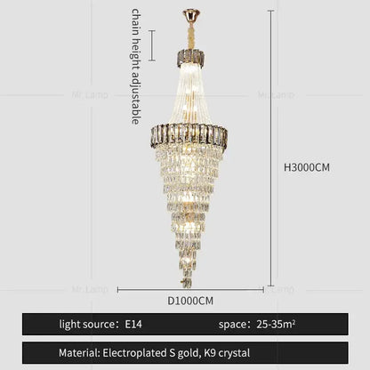 Decorbites crystal chandelier with electroplated gold accents and k9 crystals for luxury duplex and spiral staircase lighting
