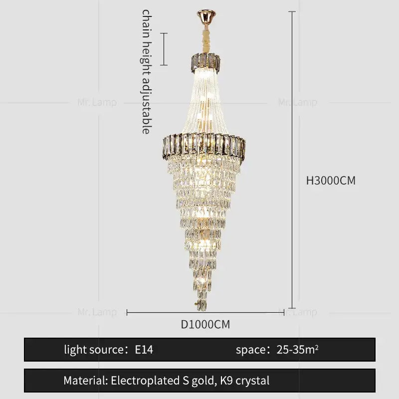 Decorbites crystal chandelier with electroplated gold accents and k9 crystals for luxury duplex and spiral staircase lighting