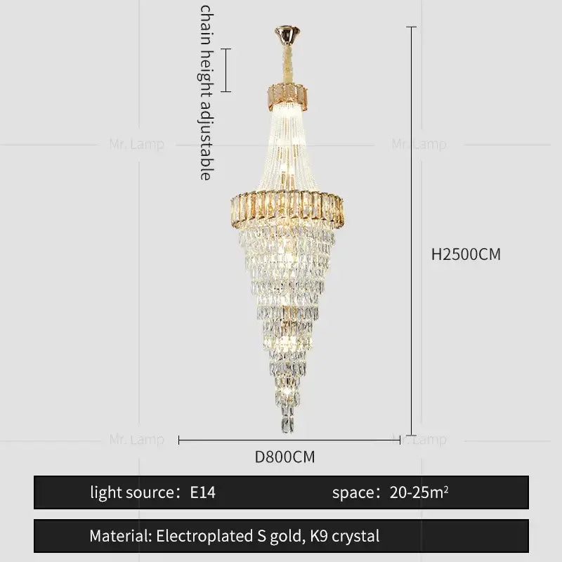 Elegant decorbites crystal chandelier with tiered k9 crystals and electroplated gold accents for luxury staircases