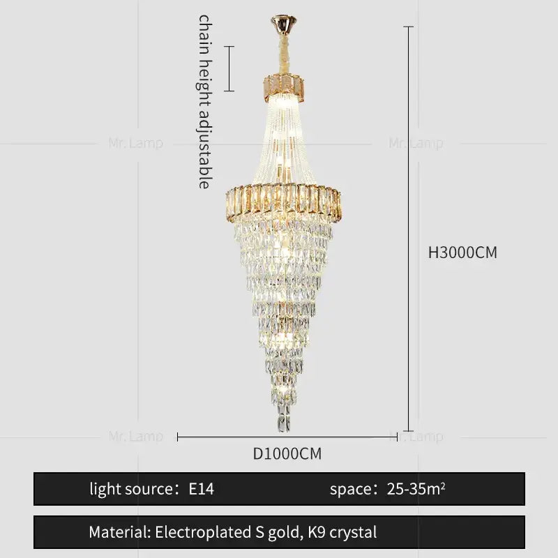 A decorbites crystal chandelier with gold electroplated s-gold frame and cascading k9 crystal droplets for luxury spaces