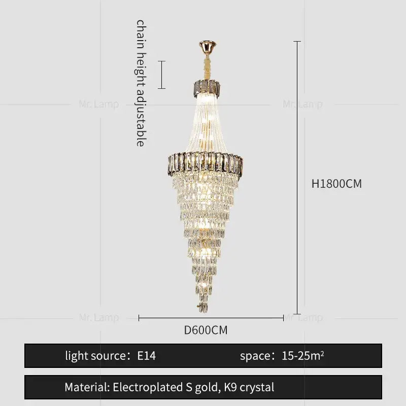Elegant decorbites crystal chandelier with tiered k9 crystals and electroplated gold accents for luxury staircases