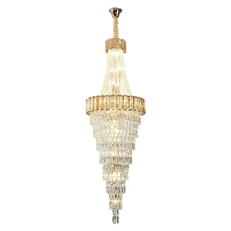 A decorbites crystal chandelier with gold-toned metal and clear faceted crystals for luxury duplex lighting