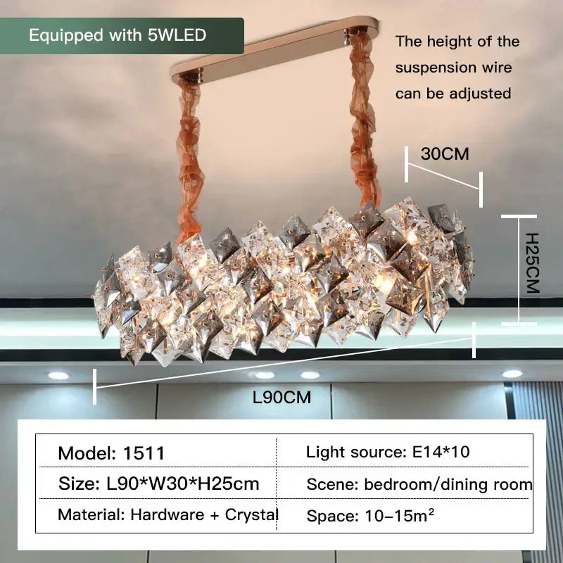 A modern elongated decorbites crystal chandelier with rose gold frame and hanging wires for living room lighting