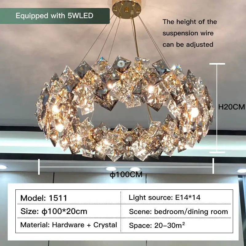 Gold-toned decorbites crystal chandelier with circular faceted crystal design and five led lights ideal for living spaces