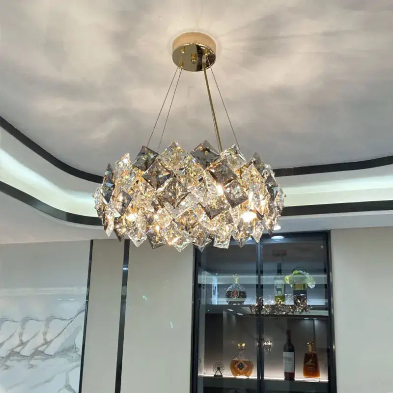 DecorBites crystal chandelier with faceted crystals and gold-toned chains for living room dining room and kitchen lighting