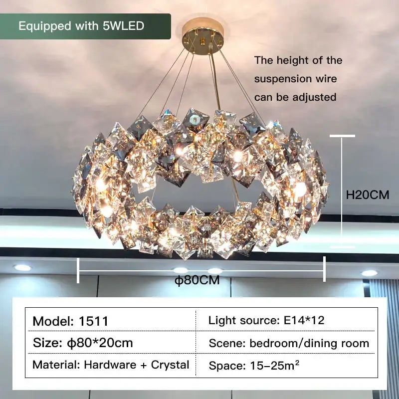 Decorbites crystal chandelier featuring faceted crystal pieces in a gold ring design with five led lights for living rooms