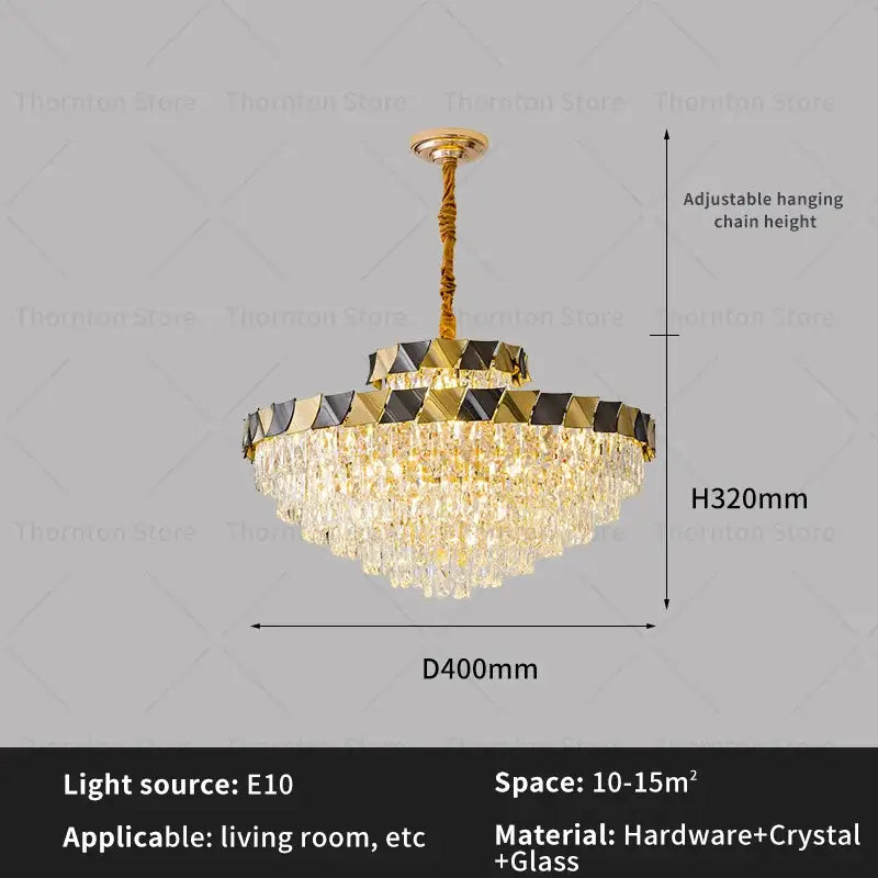 Gold-toned decorbites crystal chandelier with cascading crystal droplets and black-and-gold geometric frame for luxury lighting
