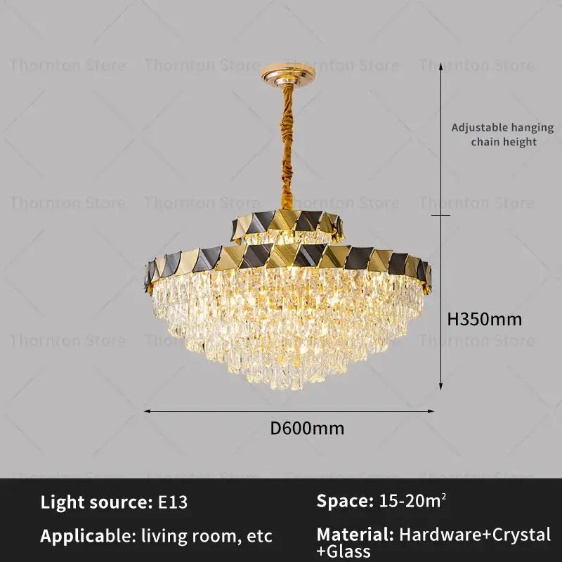 Gold-toned DecorBites crystal chandelier with cascading crystal droplets and a black-and-gold geometric frame for luxury lighting