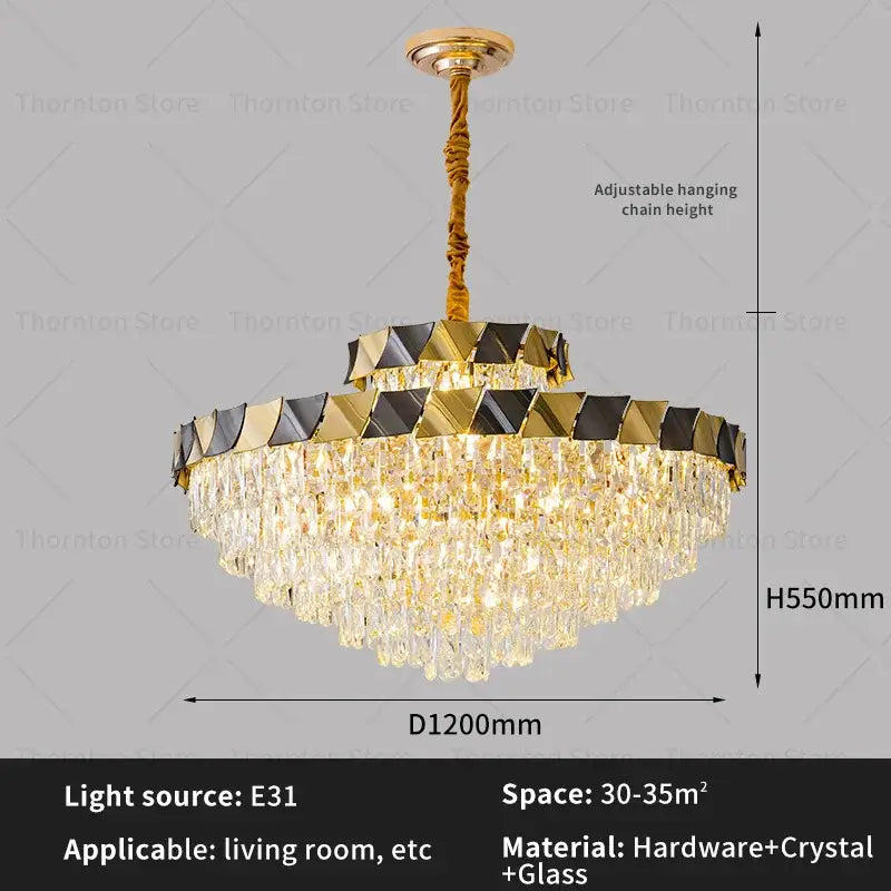 Gold-toned decorbites crystal chandelier with cascading droplets and black and gold geometric frame for luxury lighting