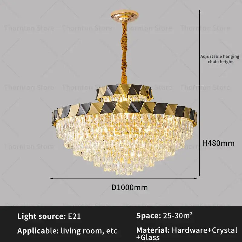 Decorbites crystal chandelier with gold-toned tiered design, cascading crystal droplets, and black metallic accents for luxury lighting