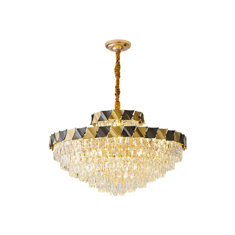 Decorbites crystal chandelier featuring gold-toned frame with black and gold accents and clear crystal droplets for luxury lighting