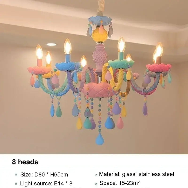Pastel-colored decorbites crystal chandelier with glass and stainless steel featuring eight candle lights and teardrop ornaments