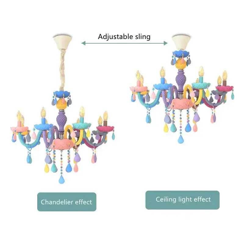 Colorful decorbites crystal chandelier with pastel multi-armed design and teardrop beads for kids bedroom lighting