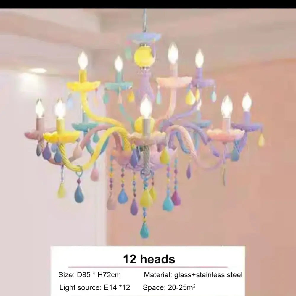 Pastel-colored decorbites crystal chandelier with 12 candle-style lights and glass teardrop ornaments for kids bedroom
