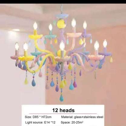 Pastel-colored decorbites crystal chandelier with 12 candle-style lights and glass teardrop ornaments for kids bedroom