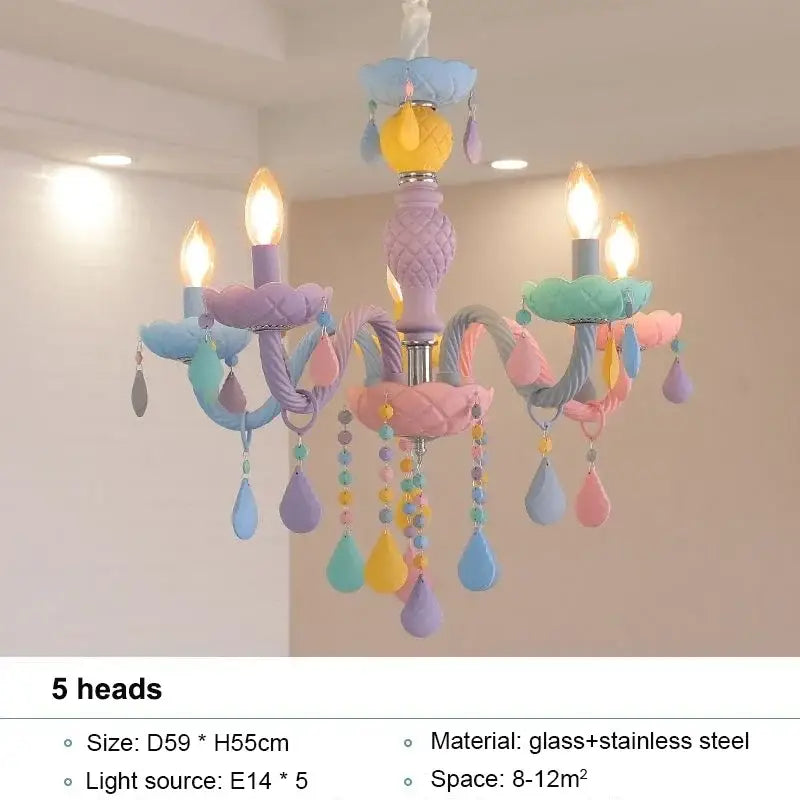 Pastel-colored decorbites crystal chandelier with five candle-style lights and teardrop ornaments for kids bedroom