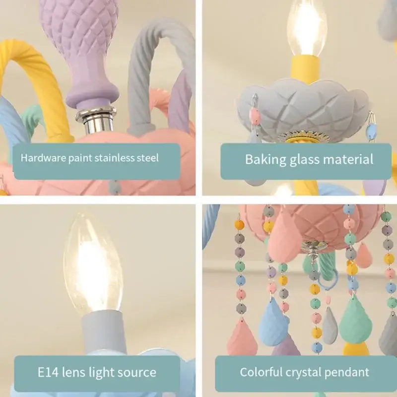 Pastel-colored decorbites crystal chandelier with quilted lavender and pink shades and colorful crystal teardrop pendants