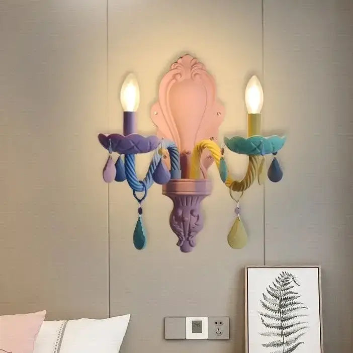 Pastel pink and purple ornate decorbites crystal chandelier wall sconce with colorful rope arms for kids bedroom lighting