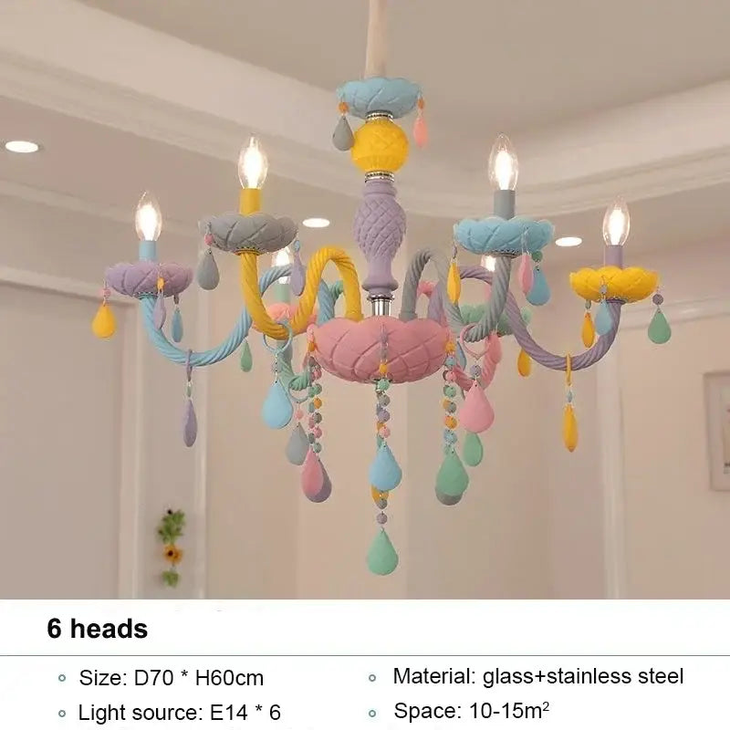 Pastel-colored decorbites crystal chandelier with six candle-style arms and teardrop glass ornaments for kids bedroom