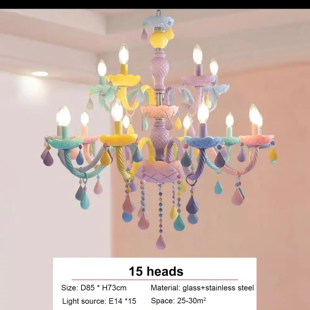 Pastel-colored DecorBites crystal chandelier with 15 glass candle lights and stainless steel for kids bedroom décor
