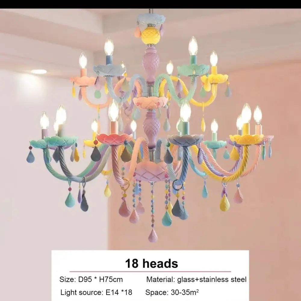 Pastel-colored decorbites crystal chandelier with 18 candle lights glass stainless steel beads for kids bedroom