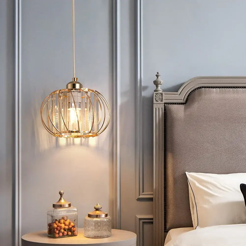 DecorBites™ crystal chandelier gold-toned cage pendant light fixture with clear glass panels and warm glow for modern décor
