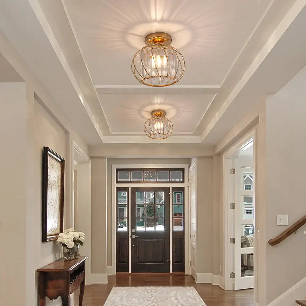 DecorBites™ crystal chandelier pendant light fixture with gold-toned cage and clear glass panels for modern décor