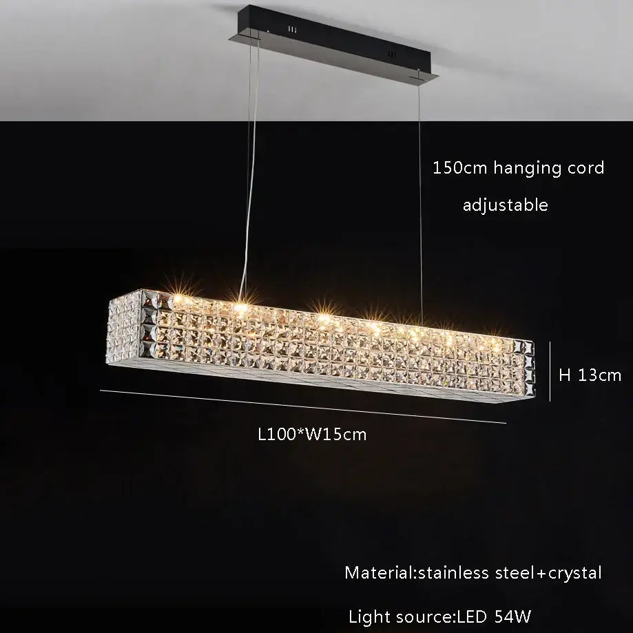 A sleek rectangular decorbites crystal chandelier with modern stainless steel frame and embedded led lights for dining room