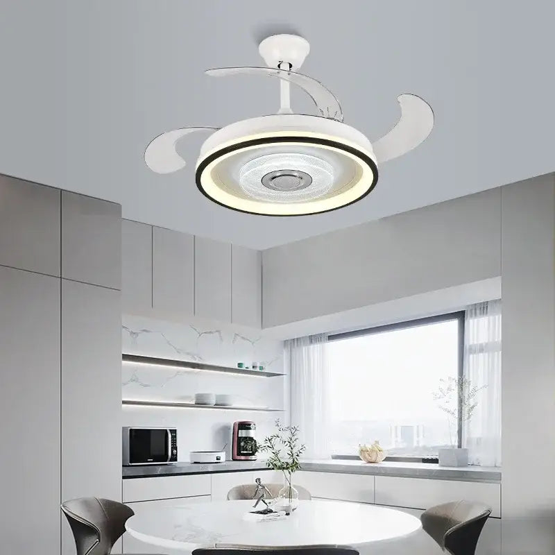 White DecorBites crystal chandelier ceiling fan with integrated LED lighting speaker and sleek curved blades