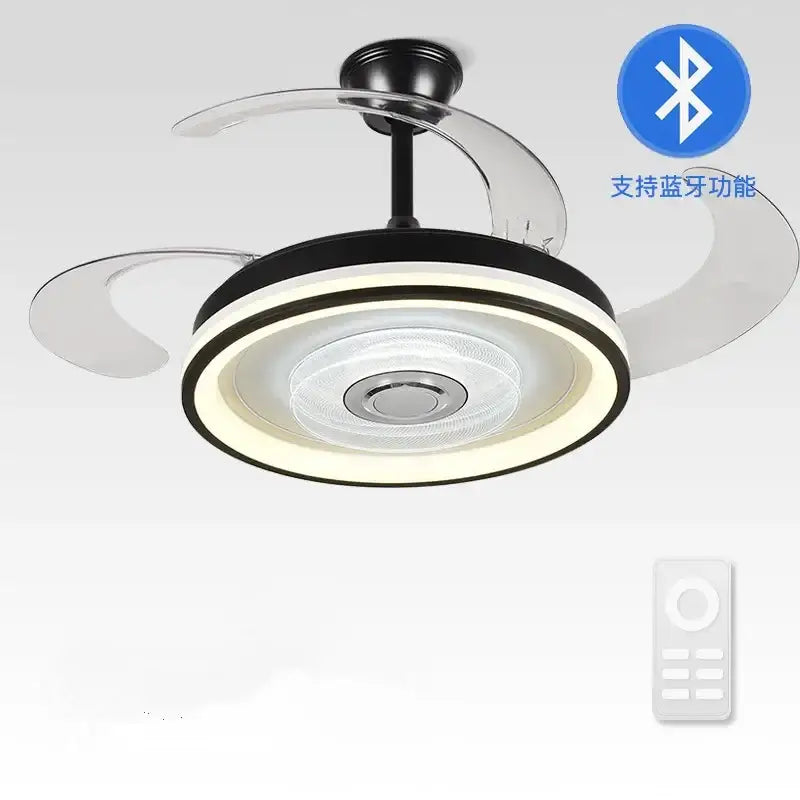 Modern black and white DecorBites crystal chandelier LED ceiling fan with integrated LED lighting and Bluetooth speaker