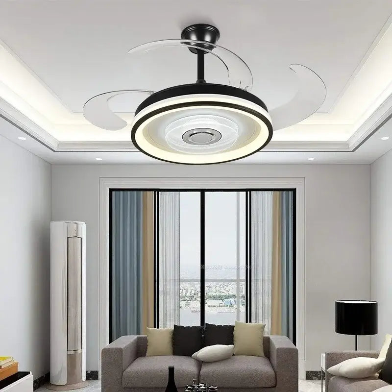 Modern black and white DecorBites crystal chandelier LED ceiling fan with circular design and integrated remote control switch