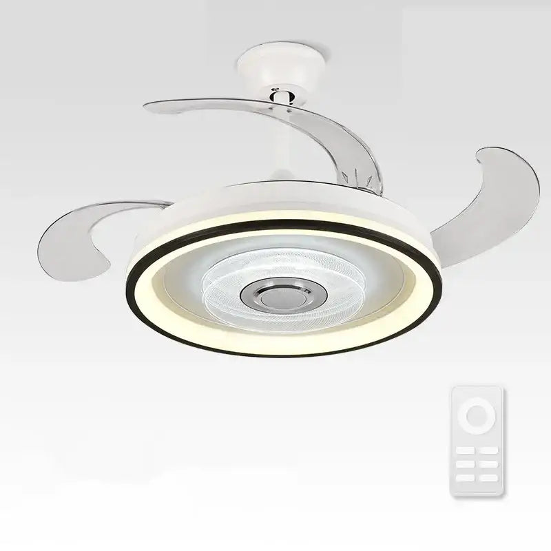 Modern white and chrome DecorBites crystal chandelier LED ceiling fan with integrated lighting and sleek circular design