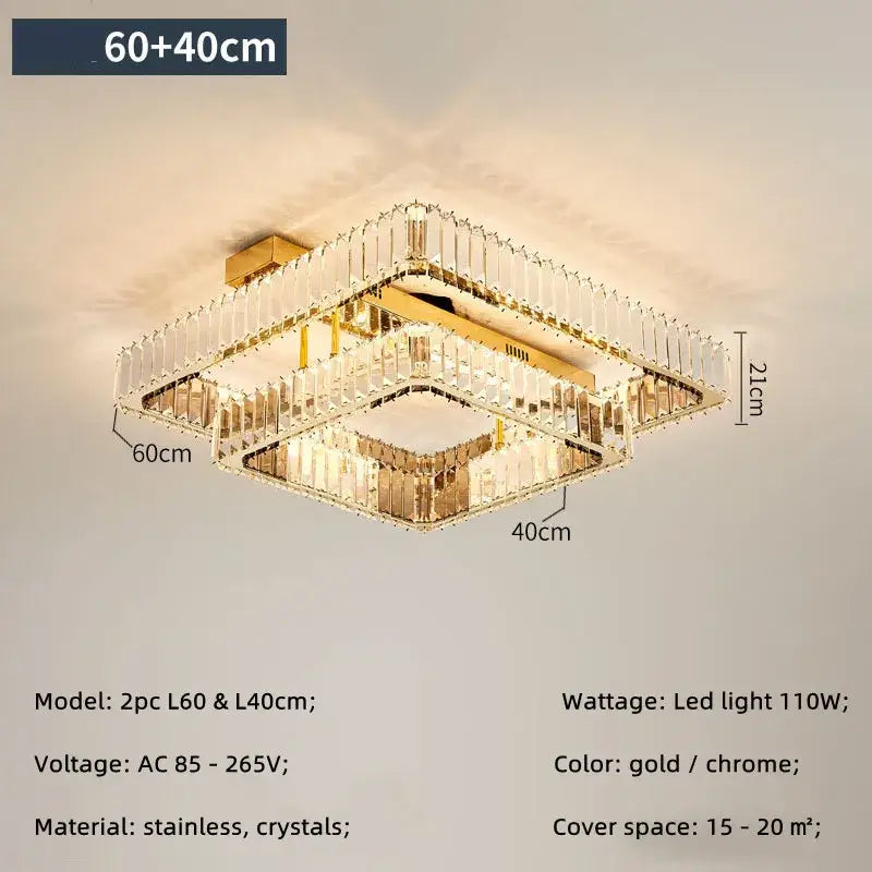 Gold and chrome DecorBites crystal chandelier LED ceiling light with stacked crystal panels for dimmable foyer lighting