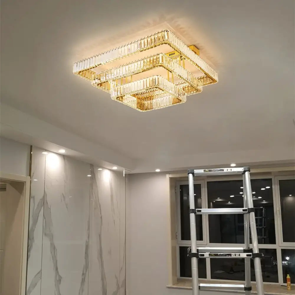 Gold-toned decorbites crystal chandelier led ceiling light with layered rectangular frames for luxury bedroom lighting