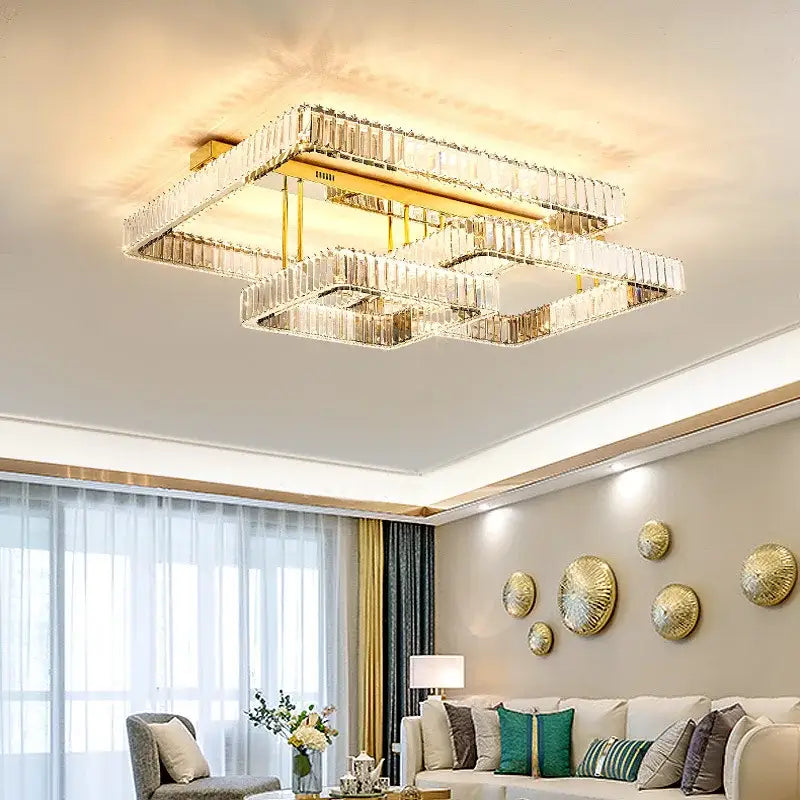Gold-toned decorbites crystal chandelier LED ceiling light with layered crystal accents for dimmable luxury foyer lighting