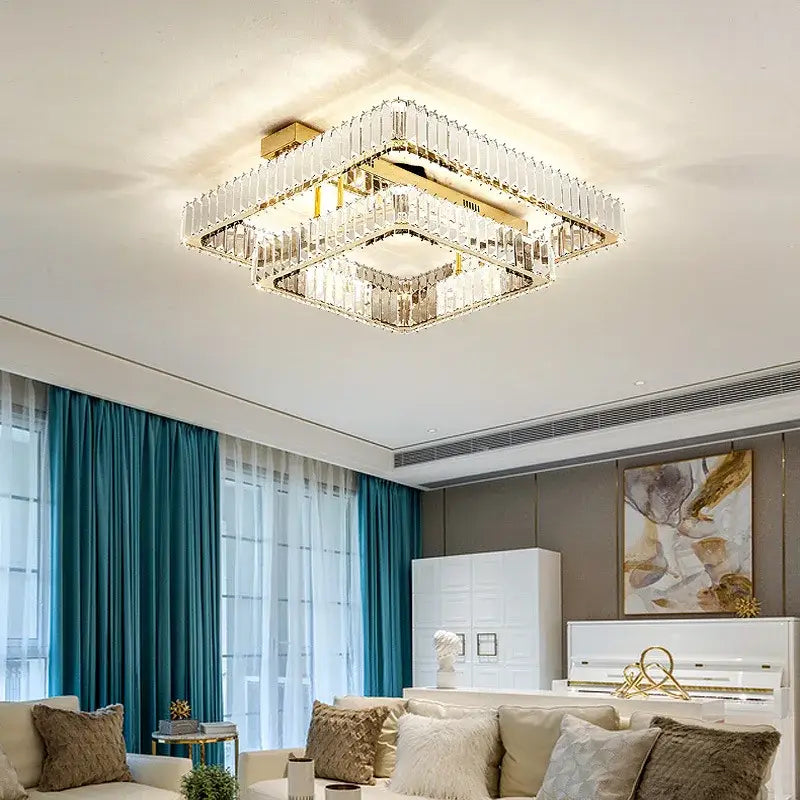 Square decorbites crystal chandelier led ceiling light with gold-toned metal frame for dimmable luxury bedroom use
